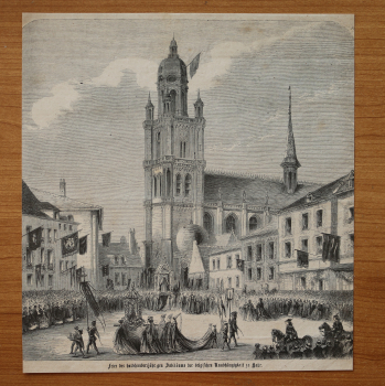 Holzstich Halle Belgien 1866 Jubiläum Unabhängigkeit St Martin Festzug